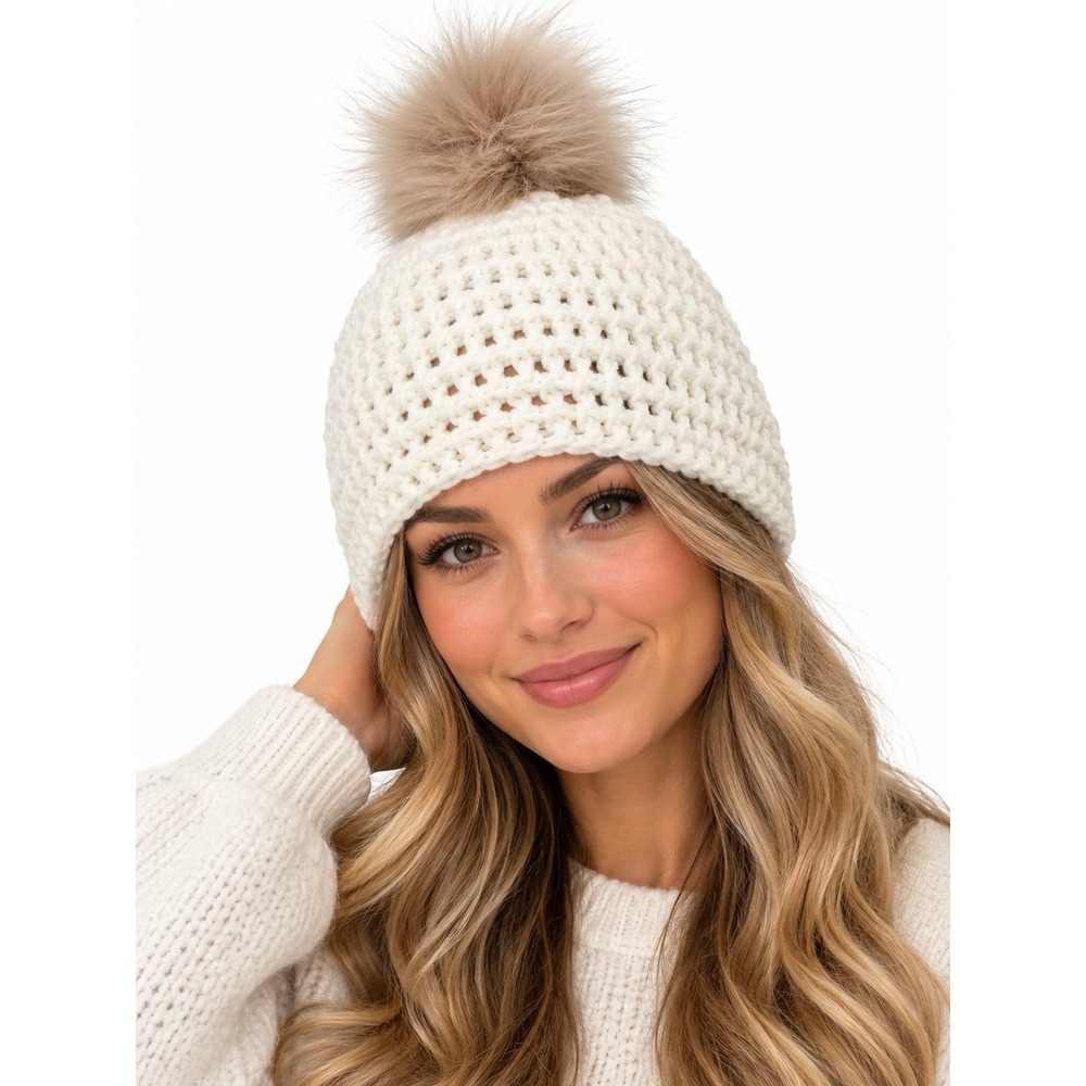 Women's White Crochet Knit Beanie Hat Faux Fur Pom Pom Winter Cap